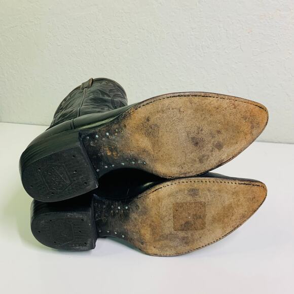 TONY LAMA‎ Boots Vintage 9.5 D Black Cowboy Calf Leather w/Lizard Wingtip CY3505 - Picture 6 of 9